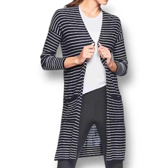 Athleta S Retreat Cardigan Navy White Striped Silk Blend Open Front Pockets Fall - Picture 1 of 12